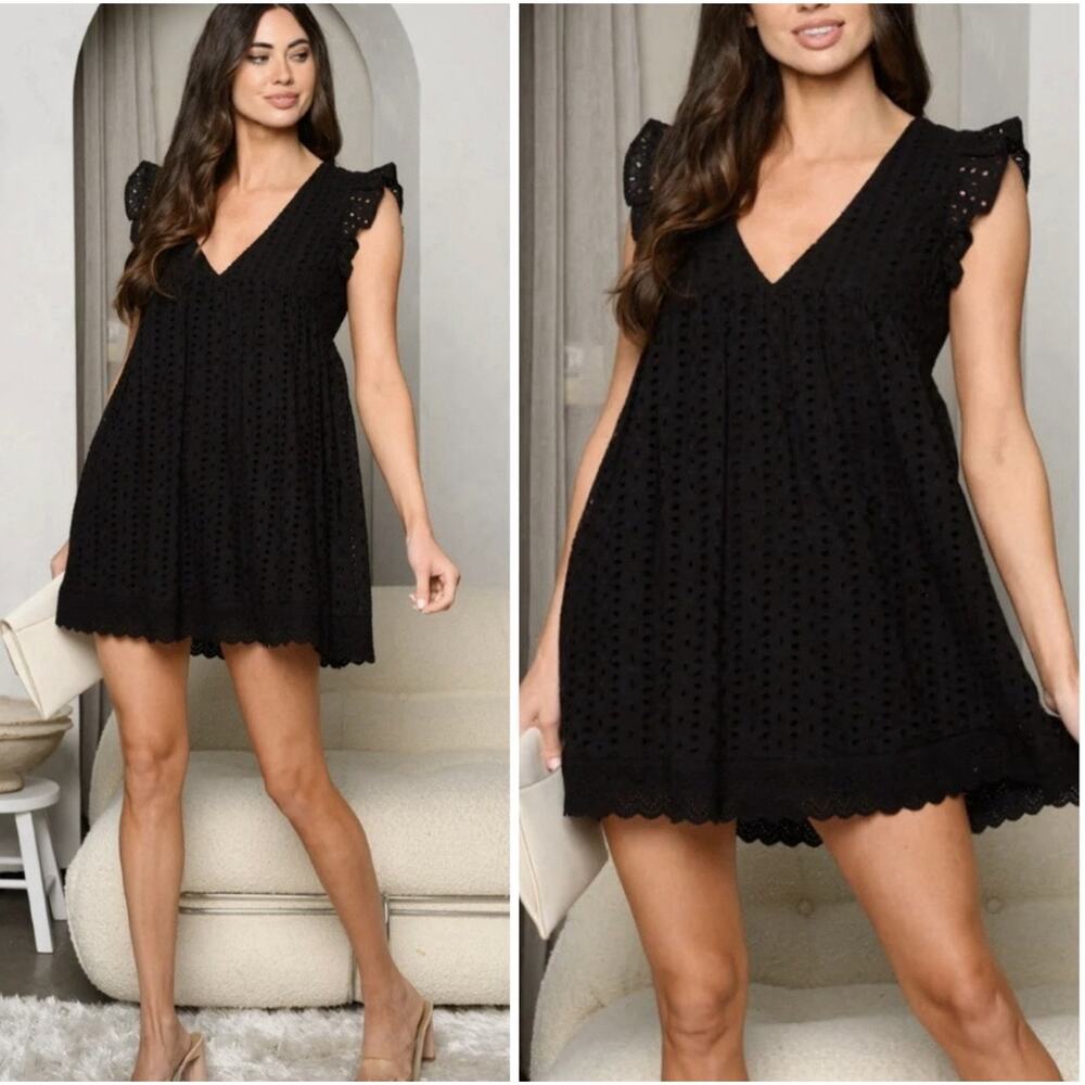 Boho Eyelet Black Romper Size L Sugar + Lips Babydoll Fit |Flutter Sleeves | NWT